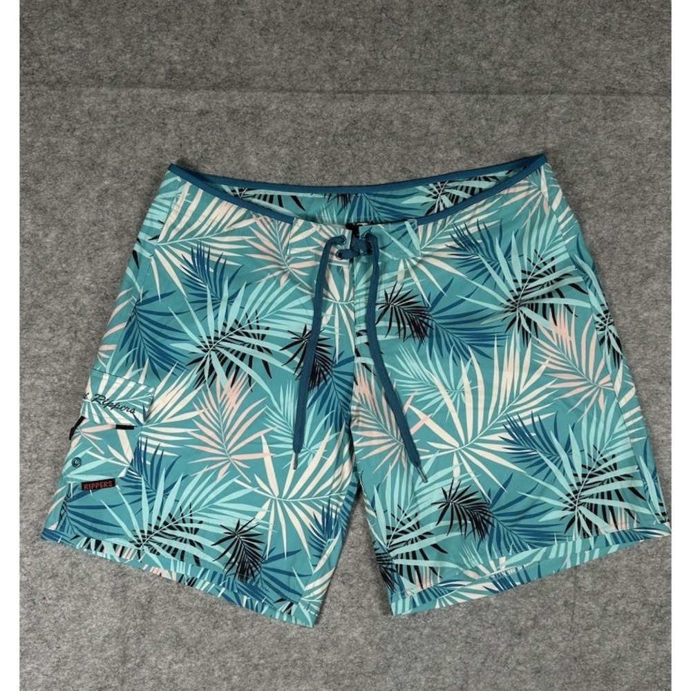 Maui Rippers Board Shorts Mens Size 14 Teal Pink Tropical Palm Leaf Print